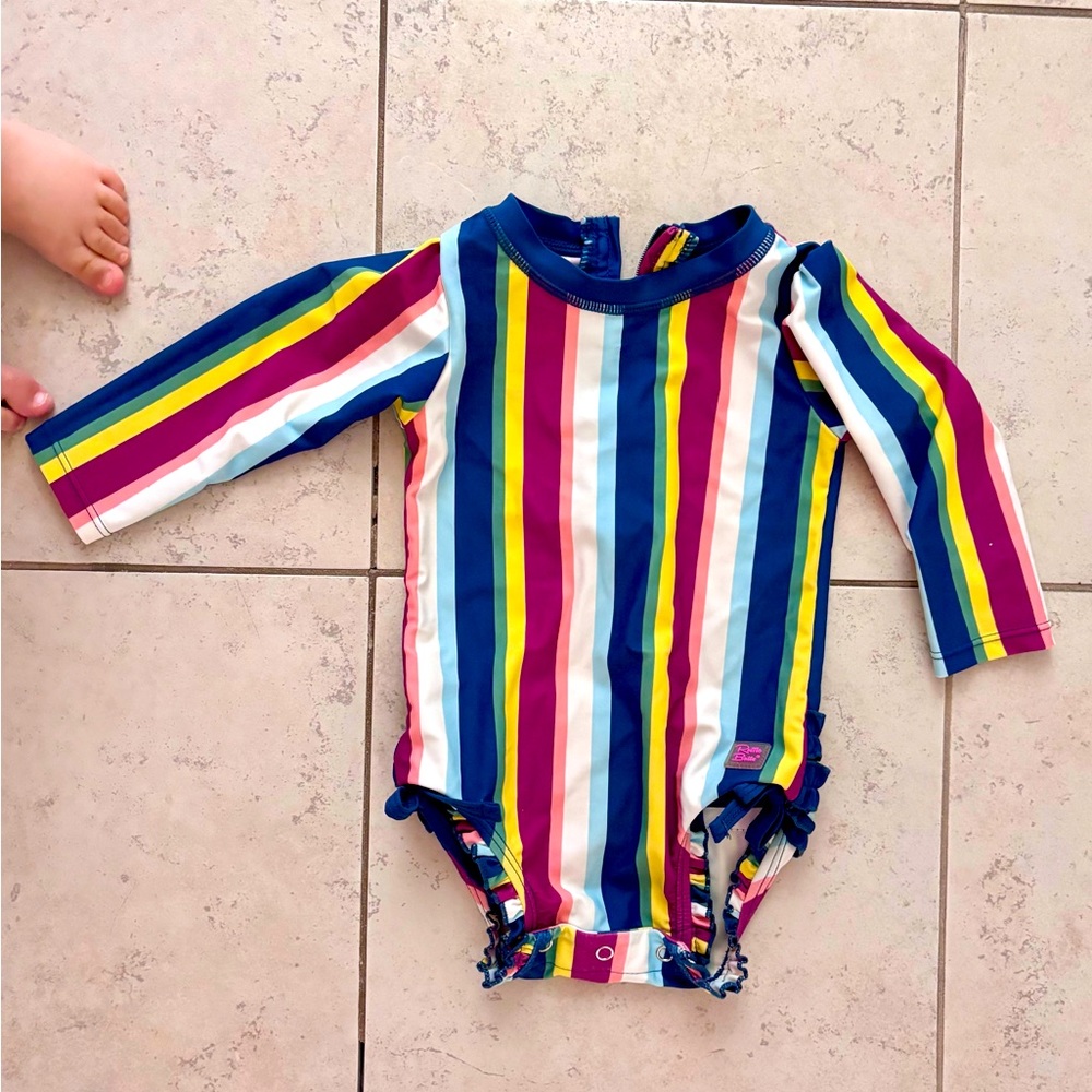 RUFFLE BUTTS rashgaurd one piece swim suit baby toddler striped 12-18m